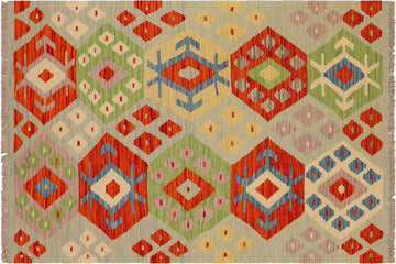 Flat Weave Kilim, Antique, Navaho, Vintage, Handmade, Modern Kilim Blue Rust Hand-Woven Rectangle 100% Wool Area Rug 3 x 4